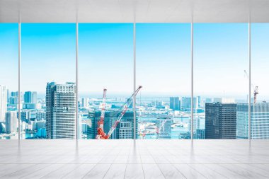 İş ve tasarım konsepti - panoramik modern cityscape kuş gözü havadan görünümü Tokyo, Japonya, görüntü için bina ile mermer zemin ve pencere boş veya yukarı alay