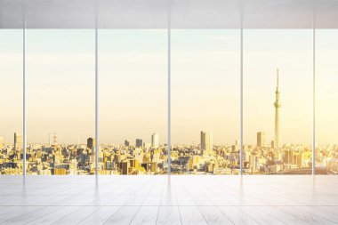 İş ve tasarım konsepti - panoramik modern cityscape kuş gözü havadan görünümü Tokyo, Japonya, görüntü için bina ile mermer zemin ve pencere boş veya yukarı alay