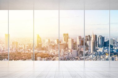 İş ve tasarım konsepti - panoramik modern cityscape kuş gözü havadan görünümü Tokyo, Japonya, görüntü için bina ile mermer zemin ve pencere boş veya yukarı alay