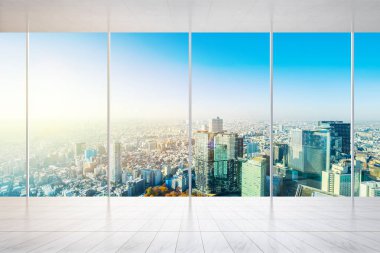 İş ve tasarım konsepti - panoramik modern cityscape kuş gözü havadan görünümü Tokyo, Japonya, görüntü için bina ile mermer zemin ve pencere boş veya yukarı alay
