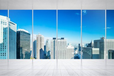 İş ve tasarım konsepti - panoramik modern cityscape kuş gözü havadan görünümü Tokyo, Japonya, görüntü için bina ile mermer zemin ve pencere boş veya yukarı alay