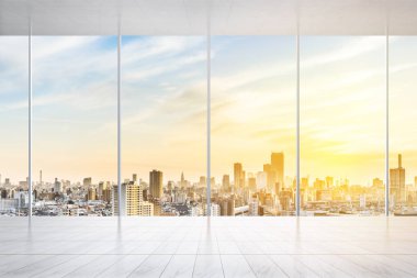 İş ve tasarım konsepti - panoramik modern cityscape kuş gözü havadan görünümü Tokyo, Japonya, görüntü için bina ile mermer zemin ve pencere boş veya yukarı alay