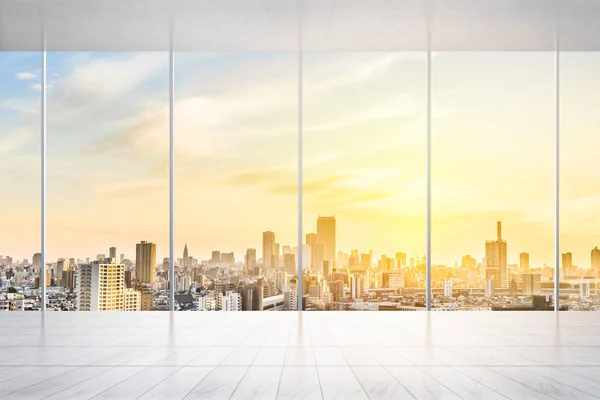 Business and design concept - empty marble floor and window with panoramic modern cityscape building bird eye aerial view of Tokyo, Japan, for display or mock up