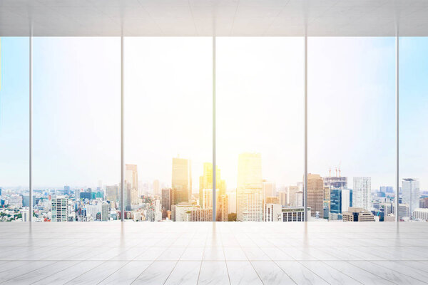 Business and design concept - empty marble floor and window with panoramic modern cityscape building bird eye aerial view of Tokyo, Japan, for display or mock up