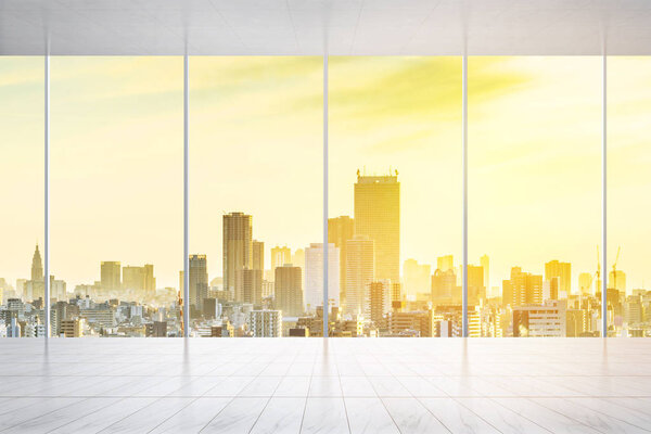 Business and design concept - empty marble floor and window with panoramic modern cityscape building bird eye aerial view of Tokyo, Japan, for display or mock up