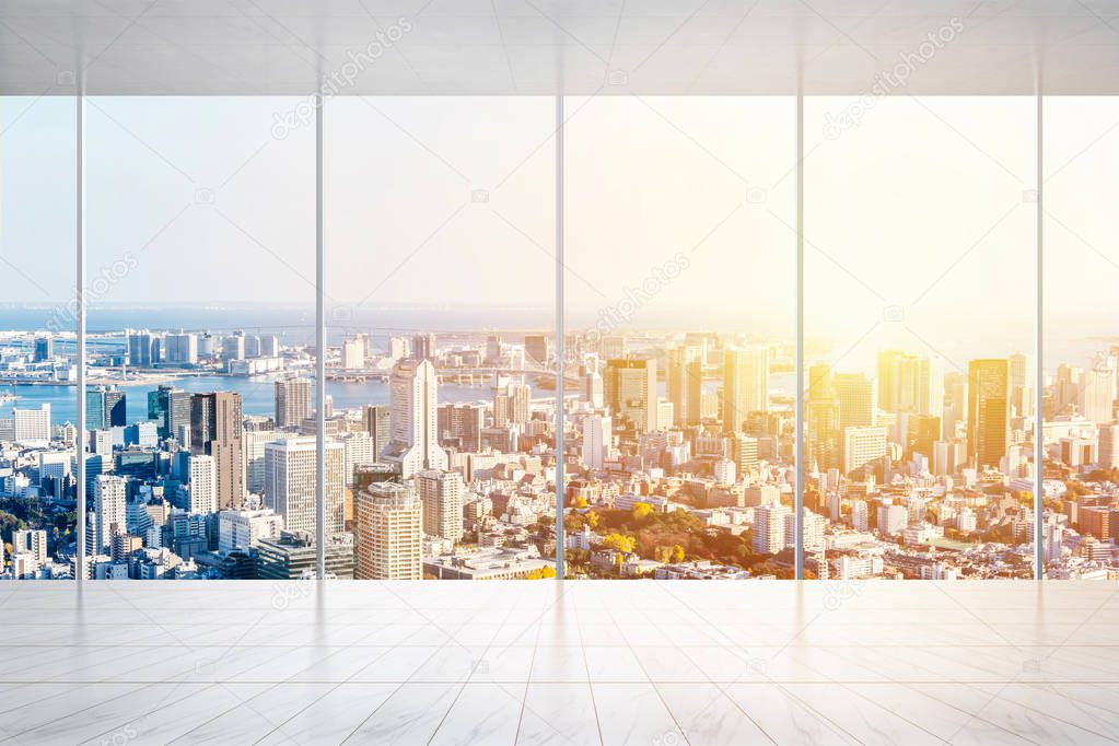 Business and design concept - empty marble floor and window with panoramic modern cityscape building bird eye aerial view of Tokyo, Japan, for display or mock up