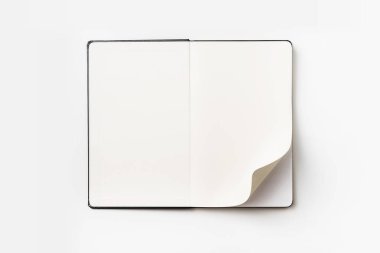 İş kavramı - Top görüntülemek izole mockup için arka plan üzerinde siyah ciltli defter, beyaz haddelenmiş açık ve fiske vurmak kıvırmak sayfa topluluğu