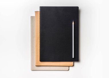 Tasarım konsepti - üstten görünüm birçok dizüstü bilgisayarlar ve renk kalem mockup için izole üzerinde beyaz arka plan