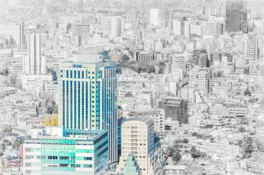 Asya iş kavramı Emlak ve kurumsal inşaat - panoramik modern cityscape Japonya karışım kroki ve suluboya resim efekti sabah mavi parlak gökyüzü altında hava görünümü oluşturma