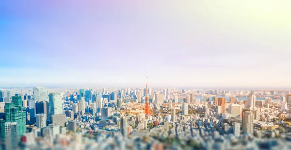 Business and culture concept - panoramic modern city skyline bird eye aerial view under dramatic blue sky in Tokyo, Japan. miniature lens tilt shift blur effect