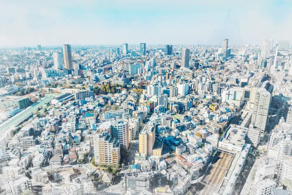 房地产与企业建设的亚洲商业理念 全景现代城市景观建筑鸟瞰日本清晨的蓝天明媚的天空混合素描和水彩插图效果 — 图库照片