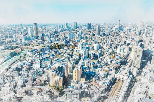 부동산 스케치와 수채화 효과에서 파노라마 도시에 아시아 비즈니스 — 스톡 사진