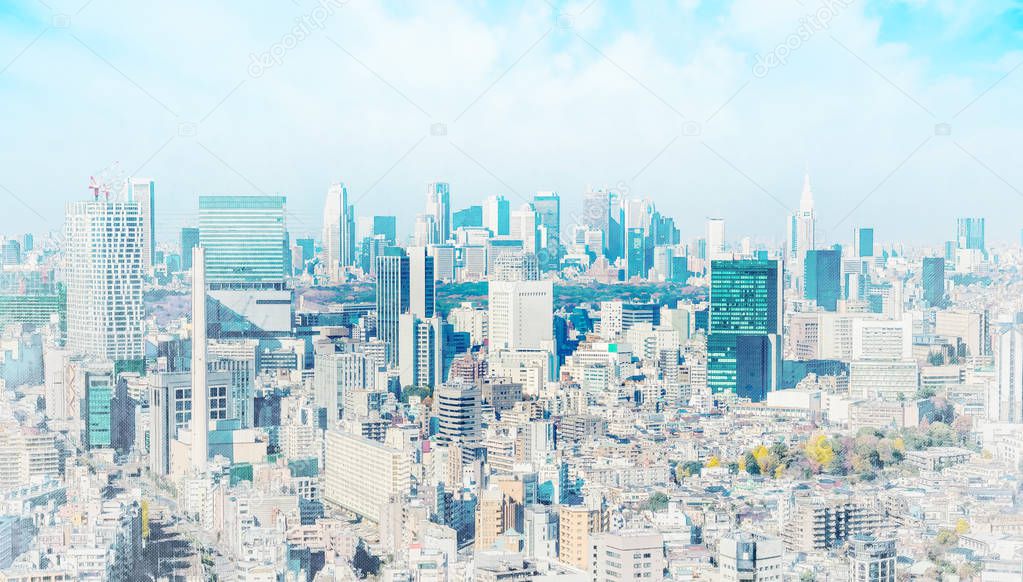 Asia Business concept for real estate and corporate construction - panoramic modern cityscape building aerial view under morning blue bright sky in Japan mix sketch and watercolor illustration effect