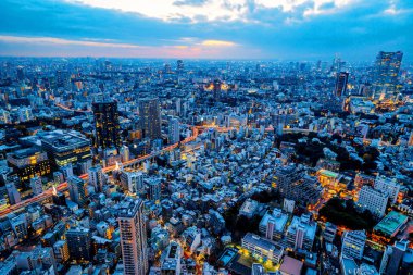 Tokyo, Japonya'da alacakaranlık gökyüzü ile şehir silueti görünümü