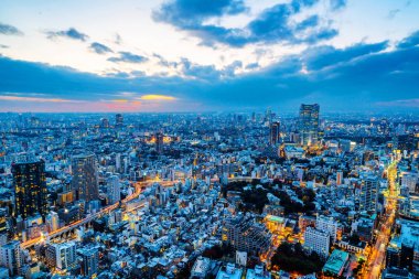 Tokyo, Japonya'da alacakaranlık gökyüzü ile şehir silueti görünümü