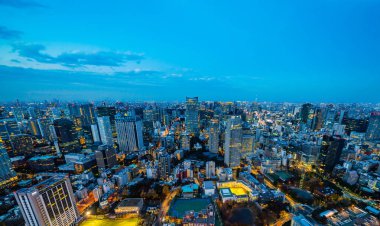 Tokyo, Japonya'da alacakaranlık gökyüzü ile şehir silueti görünümü