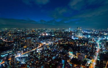 Geceleri şehir binalarının panoramik görünümü, Tokyo, Japonya