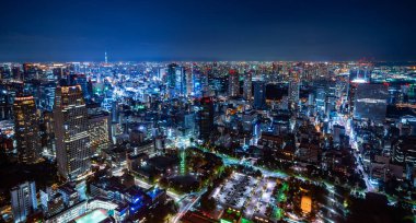 Geceleri şehir binalarının panoramik görünümü, Tokyo, Japonya