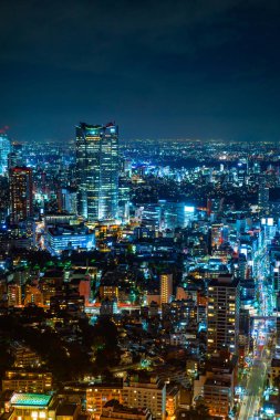 Geceleri Tokyo şehir binalarının havadan görünümü, Japonya
