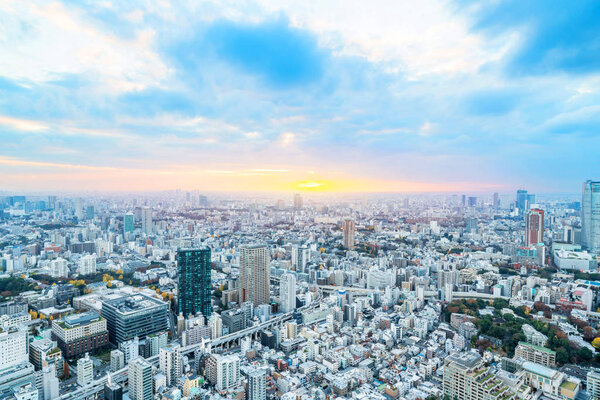 View of Tokyo city architecture at sunrise, Japan