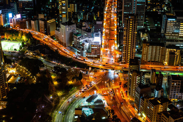Aerial view of Tokyo city buildings at night, Japan