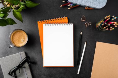 Spiral defterler, saksı bitki, gözlük, kahve, kalem, çanta ve maket için siyah arka plan üzerinde pimleri.