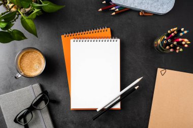 Spiral defterler, saksı bitki, gözlük, kahve, kalem, çanta ve maket için siyah arka plan üzerinde pimleri.