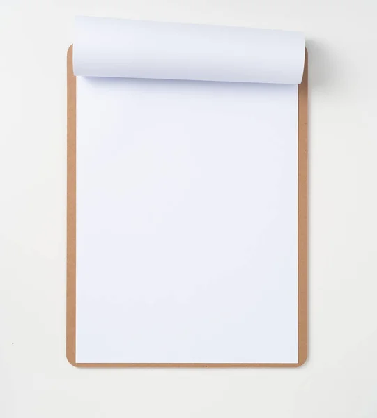 Top View White Flipped Paper Brown Clipboard Isolated White Background — Stock Photo, Image