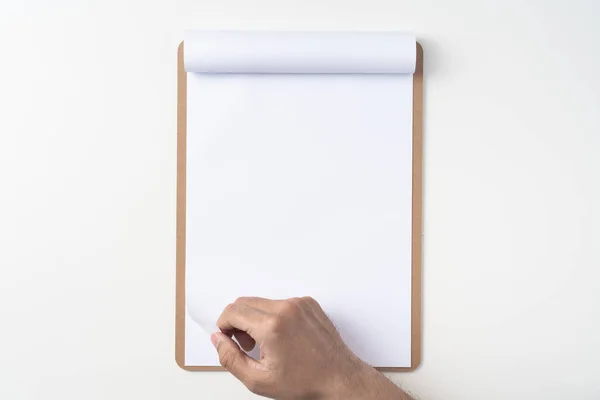 Top View Man Hand Holding White Flipped Paper Brown Clipboard — Stock Photo, Image