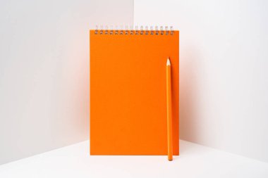 Kalemile kapalı parlak turuncu spiral defter.