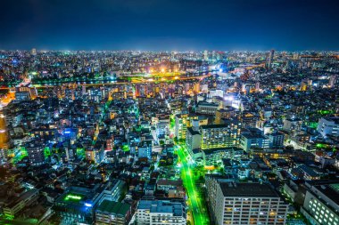 Gayrimenkul ve kurumsal inşaat için Asya İş kavramı - Tokyo, Japonya'da alacakaranlık gökyüzü ve neon gece altında panoramik kentsel şehir silueti hava görünümü.