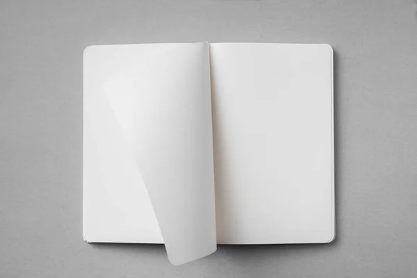 Conceito Design Visão Superior Notebook Branco Com Página Branco Aberta — Fotografia de Stock