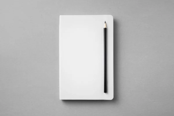 White Notebook Wooden Pencil Grey Background Mockup — 스톡 사진