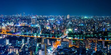 Gayrimenkul ve kurumsal inşaat için Asya İş kavramı - Tokyo, Japonya'da alacakaranlık gökyüzü ve neon gece altında panoramik kentsel şehir silueti hava görünümü.