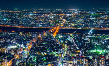 Gayrimenkul ve kurumsal inşaat için Asya İş kavramı - Tokyo, Japonya'da alacakaranlık gökyüzü ve neon gece altında panoramik kentsel şehir silueti hava görünümü.