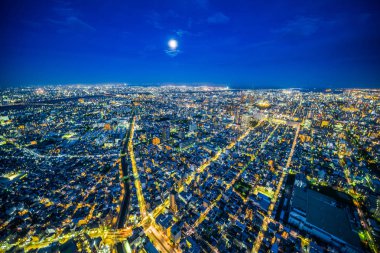 Gayrimenkul ve kurumsal inşaat için Asya İş kavramı - Tokyo, Japonya'da alacakaranlık gökyüzü ve neon gece altında panoramik kentsel şehir silueti hava görünümü.