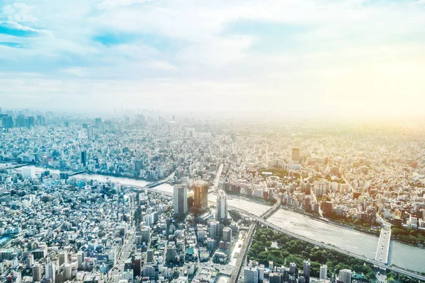 Panoráma Városi Város Látképe Légi Kilátás Reggeli Napsütésben Tokióban Japánban — Stock Fotó