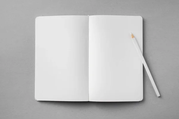 White Notebook Wooden Pencil Grey Background Mockup — 스톡 사진