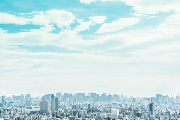 Panoramic urban city skyline aerial view in morning sunshine in Tokyo, Japan.