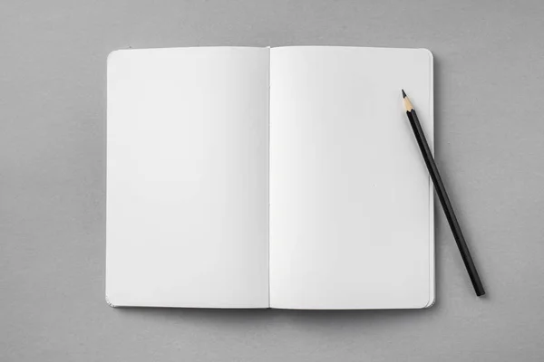 White Notebook Wooden Pencil Grey Background Mockup — Stock Photo, Image