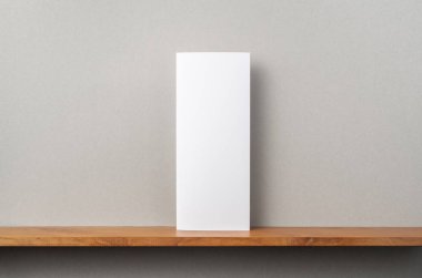 Sahte kitaplık ve gri duvarda duran boş broşür