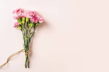 Pembe arka planda karanfil çiçekler üst görünüm demet