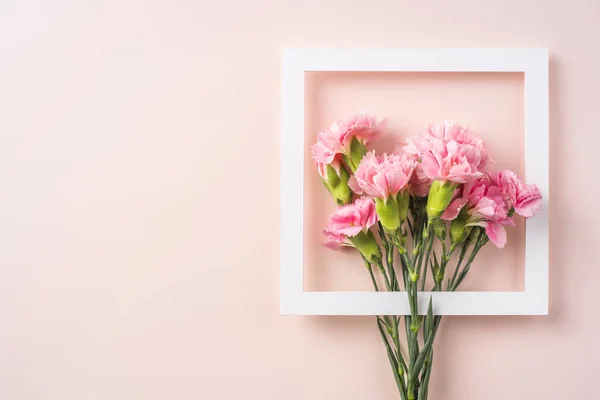 Composición Floral Claveles Con Marco Cuadrado Blanco Sobre Fondo Rosa — Foto de Stock
