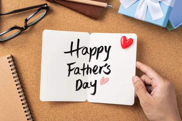 Fathers Day Layout Man Hand Holding White Greeting Card Ribbon — Stock Photo, Image
