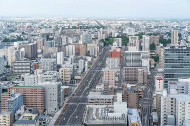 Gayrimenkul ve kurumsal inşaat için Asya iş konsepti - Miyagi Sendai panoramik modern şehir silueti havadan görünümü, Japonya.