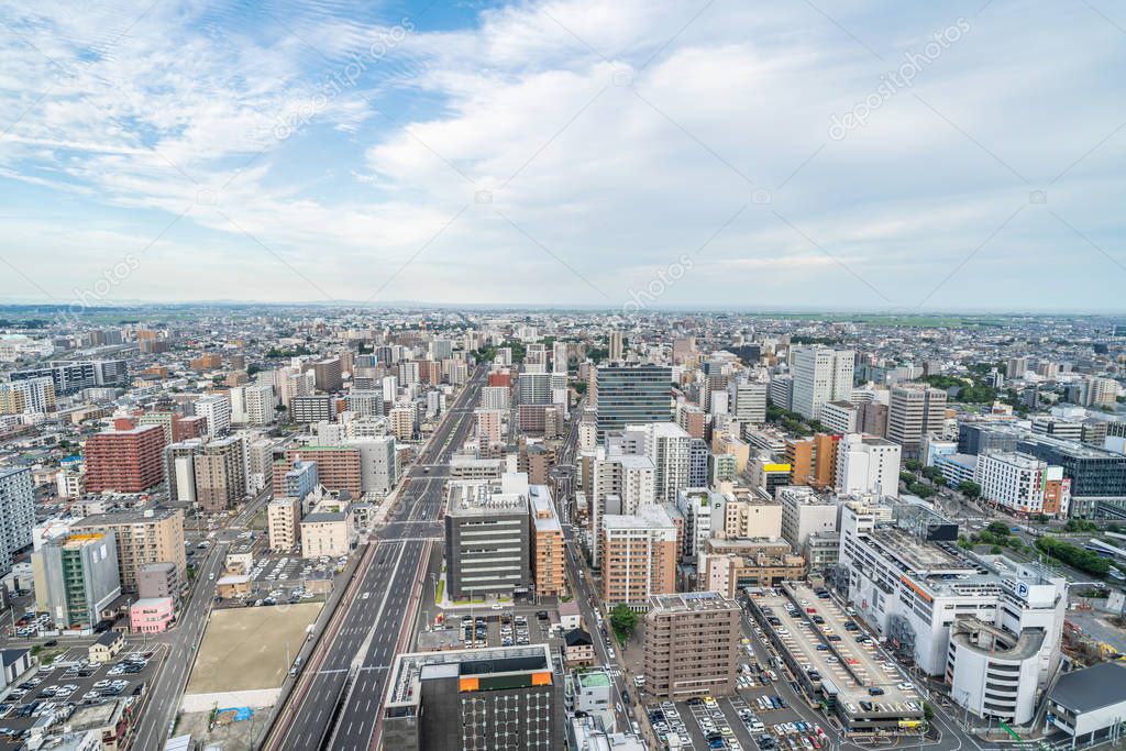 Asian business concept for real estate and corporate construction - panoramic modern city skyline aerial view of Sendai in Miyagi, Japan.