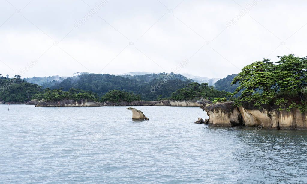 Asian travel concept - panoramic sea and blue sky and island view of Matsushima in Miyagi, Japan.