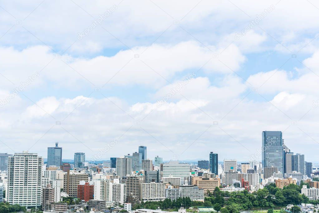 Asian business concept for real estate and corporate construction - panoramic modern city skyline aerial view of Sendai in Miyagi, Japan.