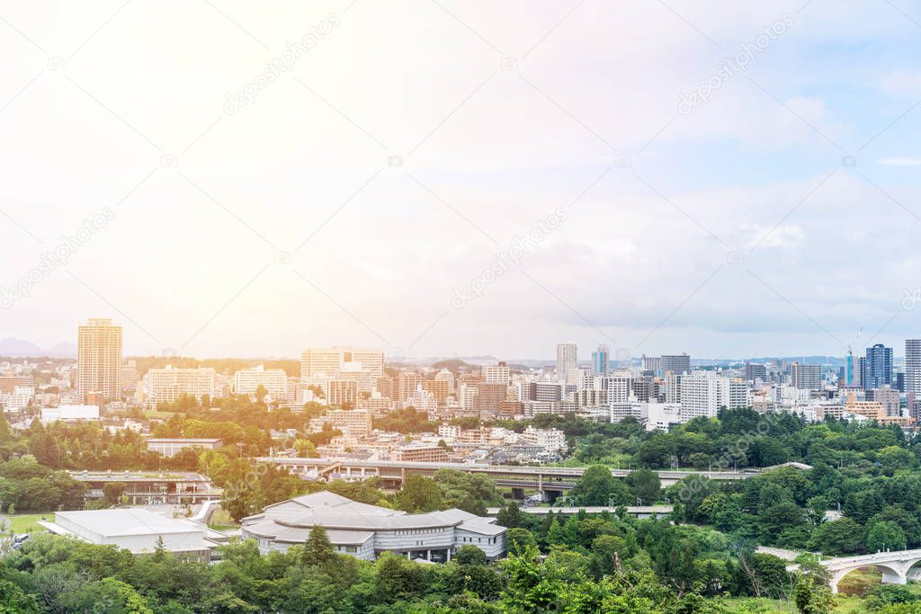 Asian business concept for real estate and corporate construction - panoramic modern city skyline aerial view of Sendai in Miyagi, Japan.