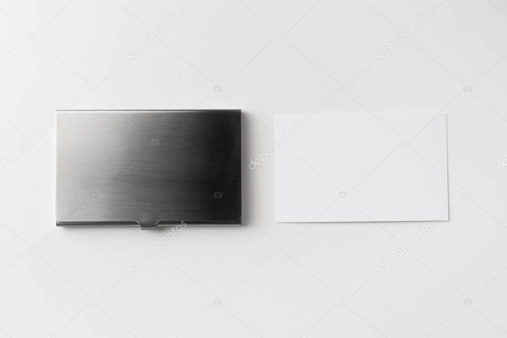 Stainless steel case for business cards isolated on white background for mockup.